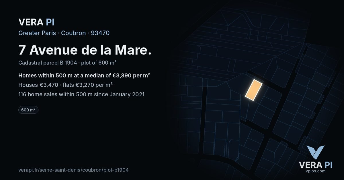 7 Avenue de la Mare, Coubron at night – the plot lit, the parcels around coloured by the prices near them