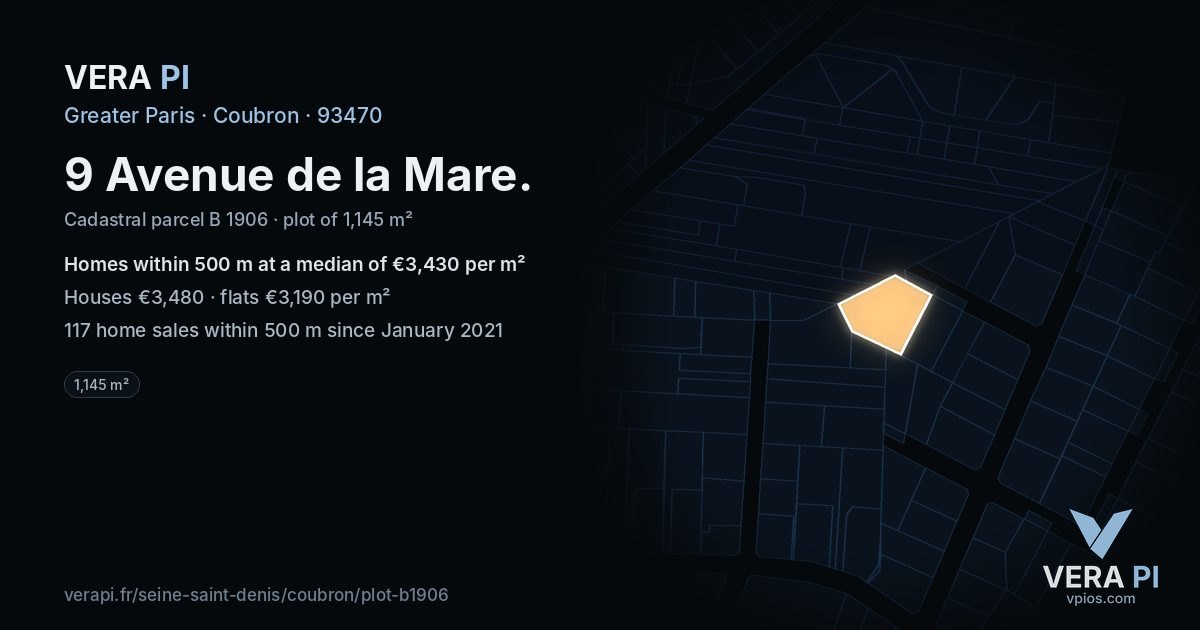 9 Avenue de la Mare, Coubron at night – the plot lit, the parcels around coloured by the prices near them