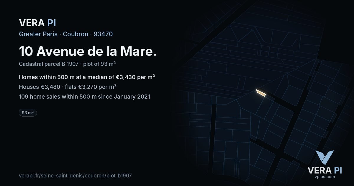 10 Avenue de la Mare, Coubron at night – the plot lit, the parcels around coloured by the prices near them