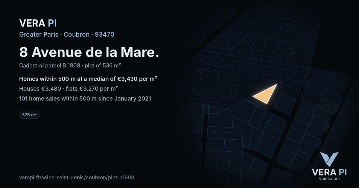 8 Avenue de la Mare, Coubron at night – the plot lit, the parcels around coloured by the prices near them