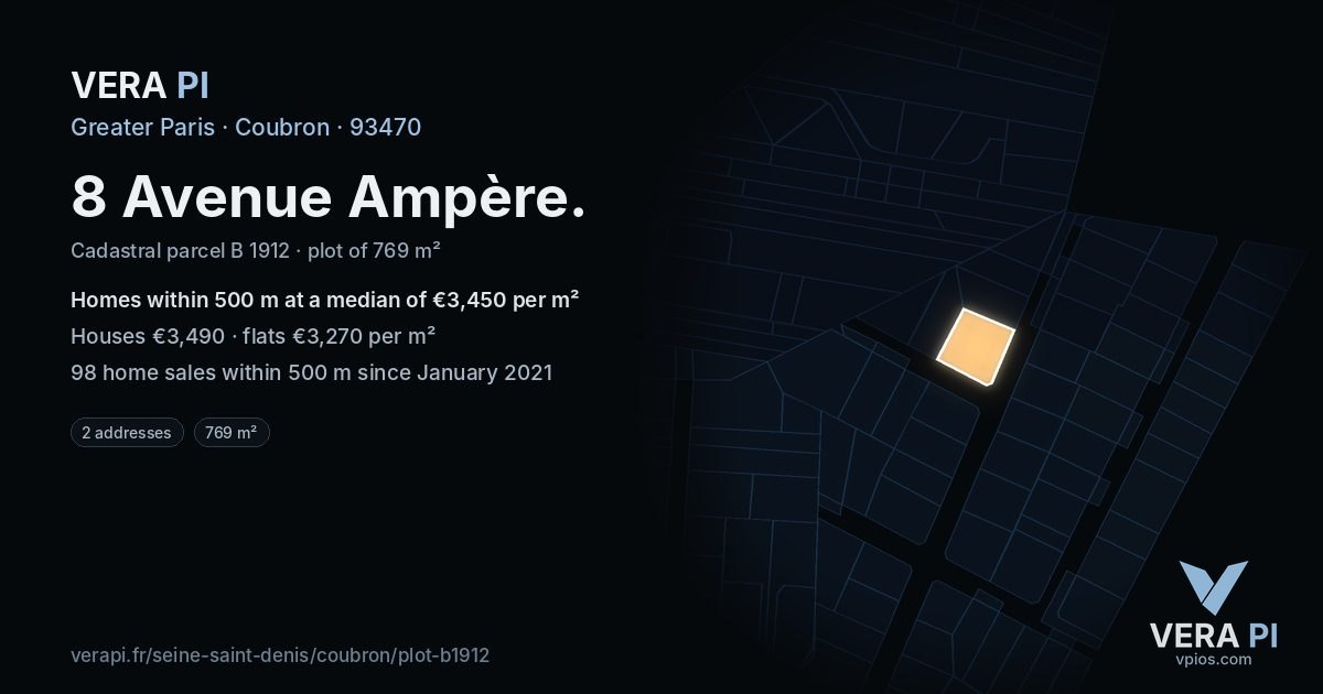 8 Avenue Ampère, Coubron at night – the plot lit, the parcels around coloured by the prices near them