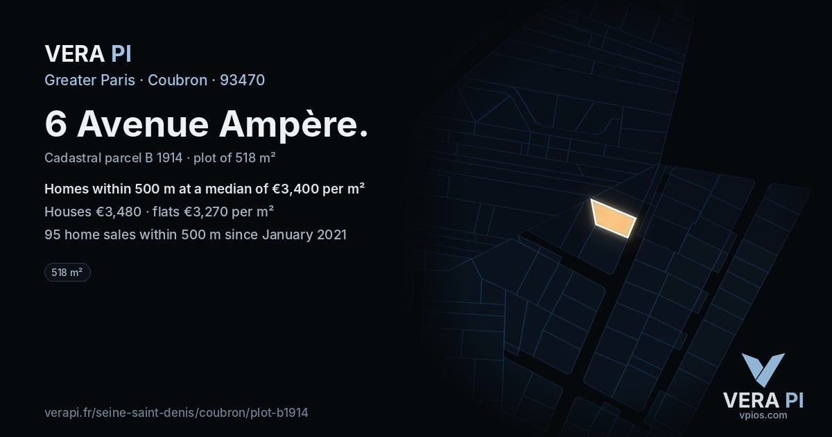 6 Avenue Ampère, Coubron at night – the plot lit, the parcels around coloured by the prices near them