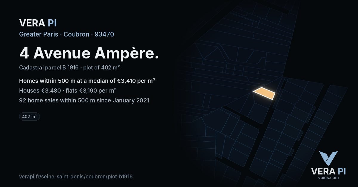 4 Avenue Ampère, Coubron at night – the plot lit, the parcels around coloured by the prices near them