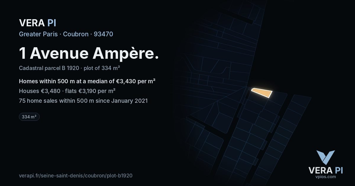 1 Avenue Ampère, Coubron at night – the plot lit, the parcels around coloured by the prices near them