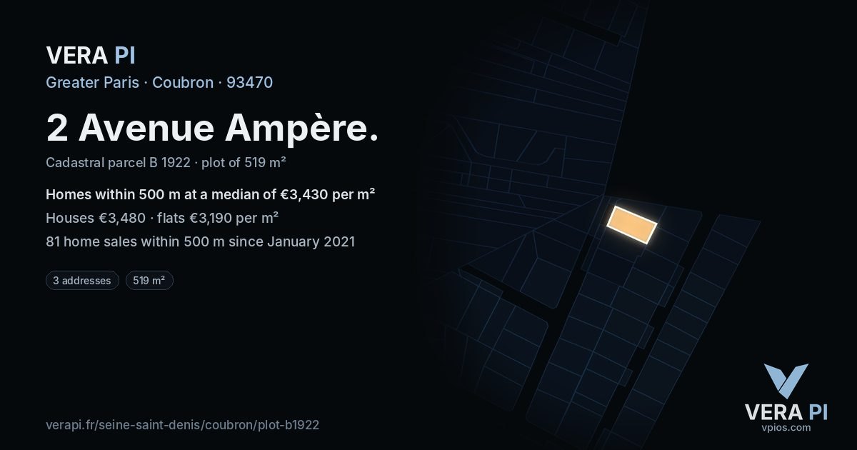 2 Avenue Ampère, Coubron at night – the plot lit, the parcels around coloured by the prices near them