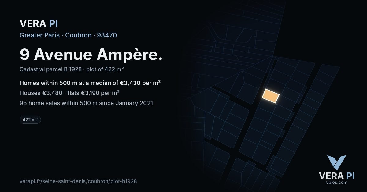 9 Avenue Ampère, Coubron at night – the plot lit, the parcels around coloured by the prices near them