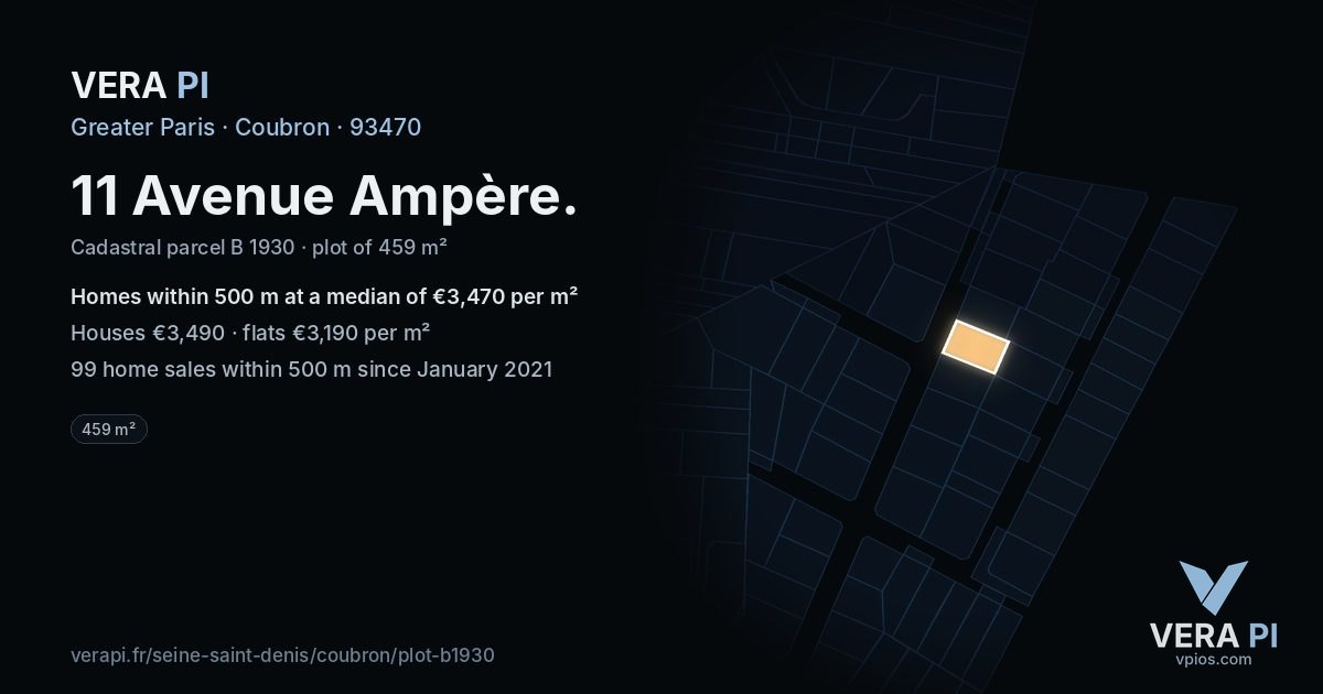 11 Avenue Ampère, Coubron at night – the plot lit, the parcels around coloured by the prices near them