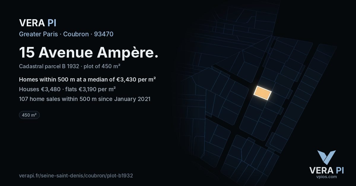 15 Avenue Ampère, Coubron at night – the plot lit, the parcels around coloured by the prices near them