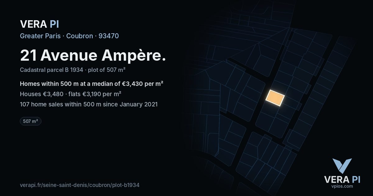21 Avenue Ampère, Coubron at night – the plot lit, the parcels around coloured by the prices near them