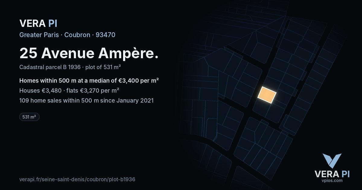 25 Avenue Ampère, Coubron at night – the plot lit, the parcels around coloured by the prices near them