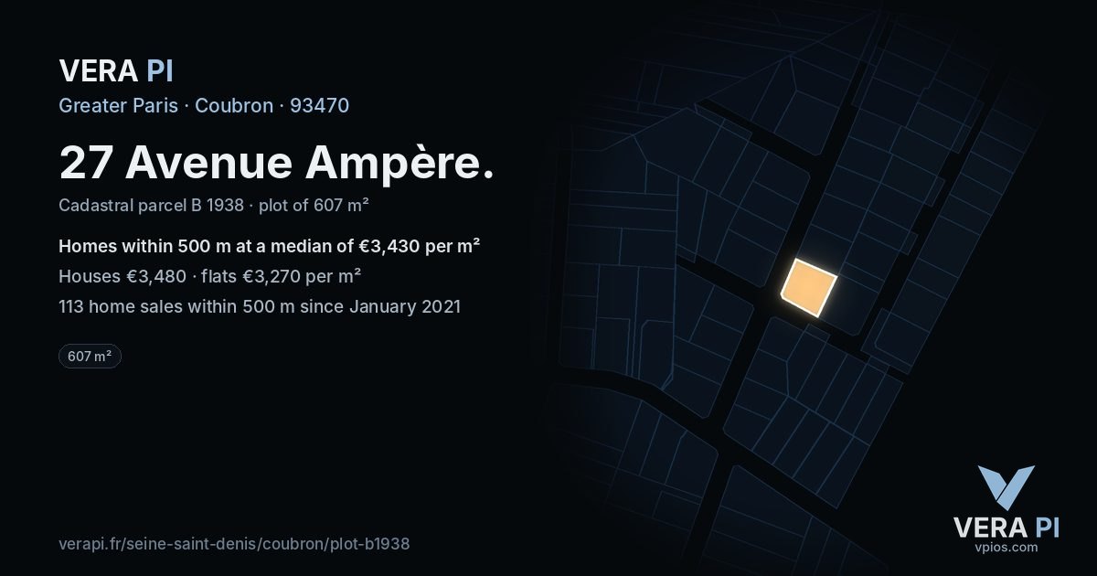 27 Avenue Ampère, Coubron at night – the plot lit, the parcels around coloured by the prices near them
