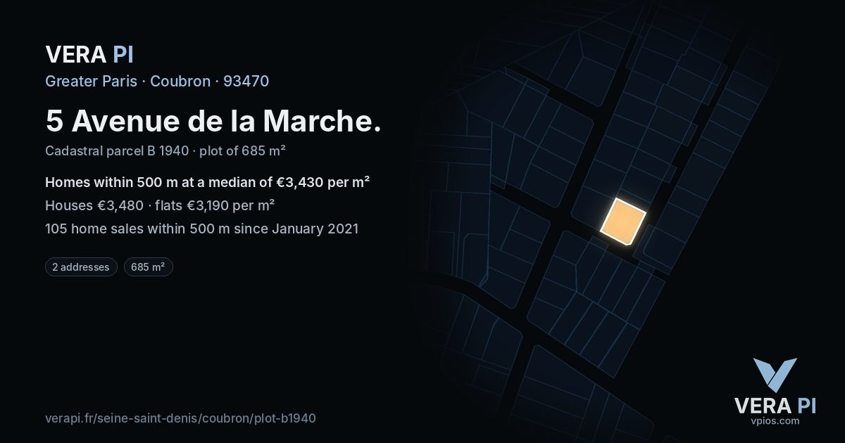 5 Avenue de la Marche, Coubron at night – the plot lit, the parcels around coloured by the prices near them