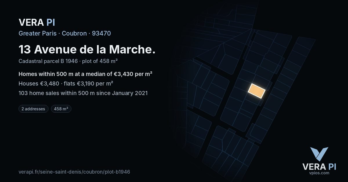 13 Avenue de la Marche, Coubron at night – the plot lit, the parcels around coloured by the prices near them