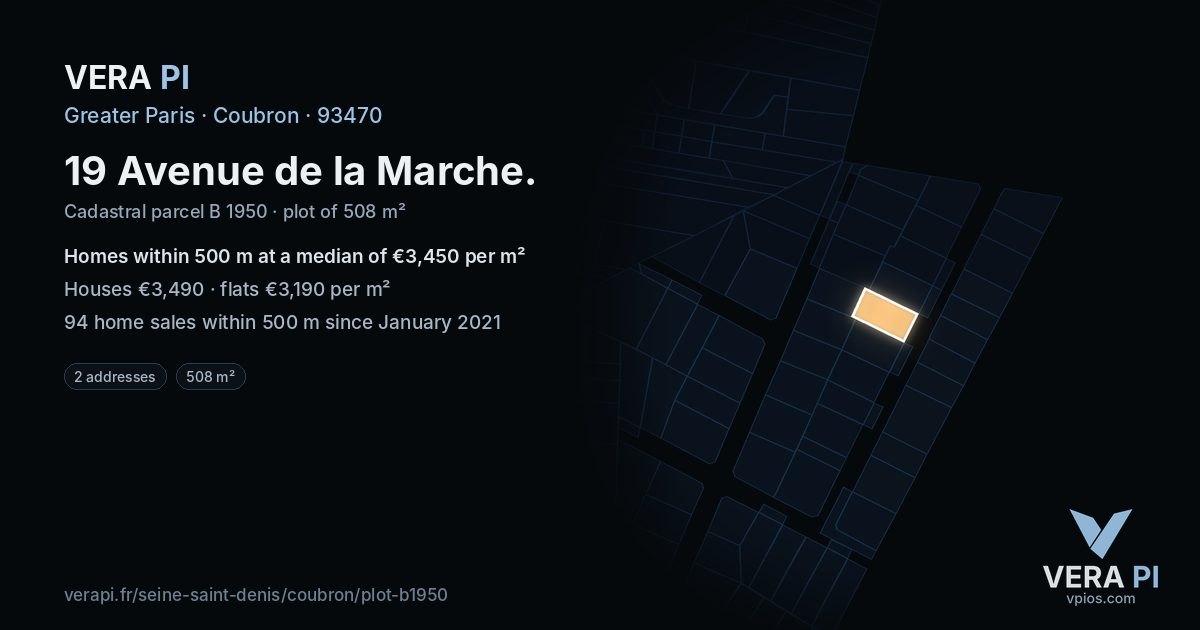 19 Avenue de la Marche, Coubron at night – the plot lit, the parcels around coloured by the prices near them