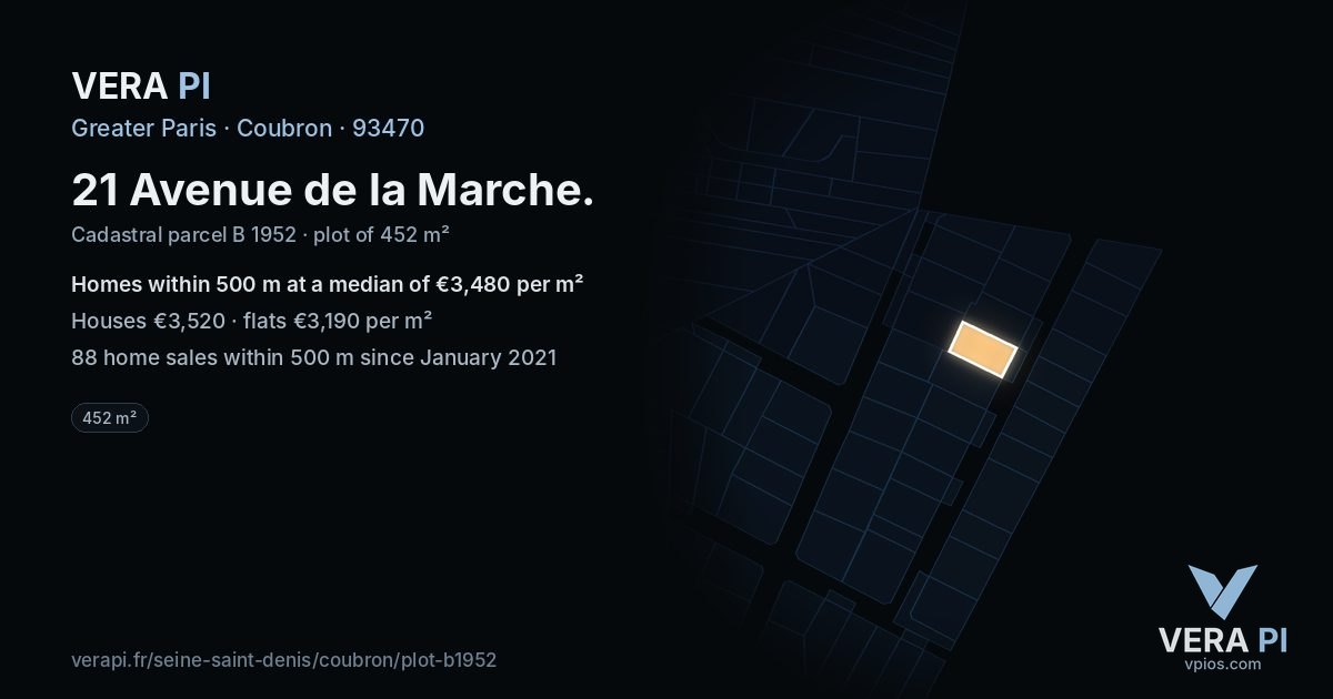 21 Avenue de la Marche, Coubron at night – the plot lit, the parcels around coloured by the prices near them