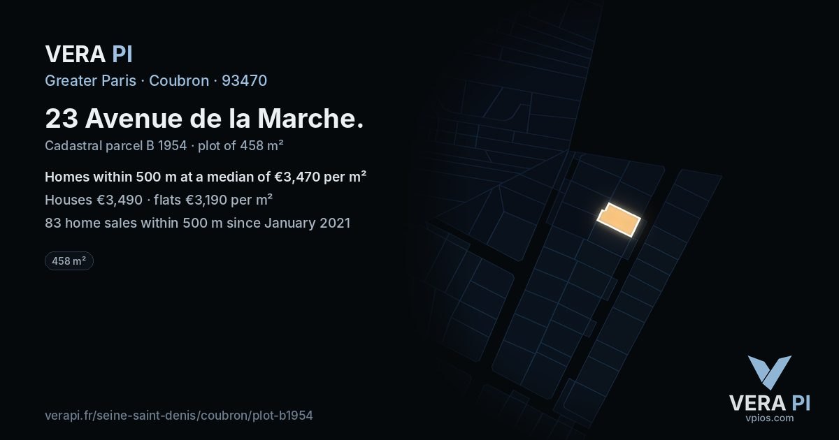 23 Avenue de la Marche, Coubron at night – the plot lit, the parcels around coloured by the prices near them