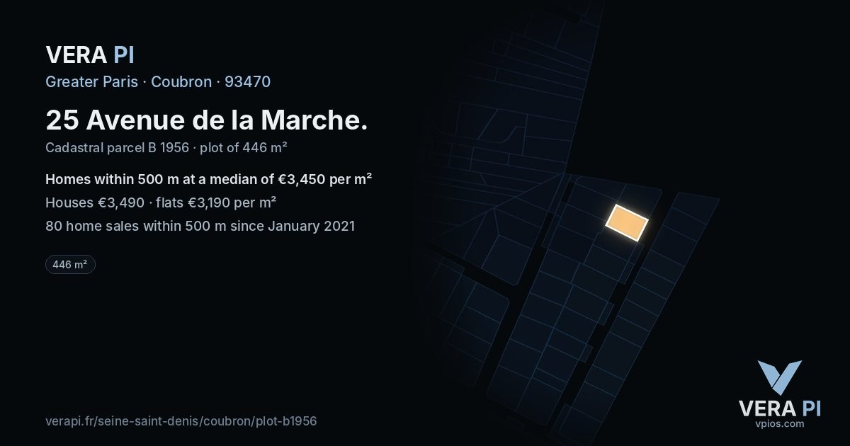 25 Avenue de la Marche, Coubron at night – the plot lit, the parcels around coloured by the prices near them