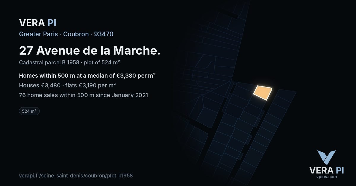 27 Avenue de la Marche, Coubron at night – the plot lit, the parcels around coloured by the prices near them