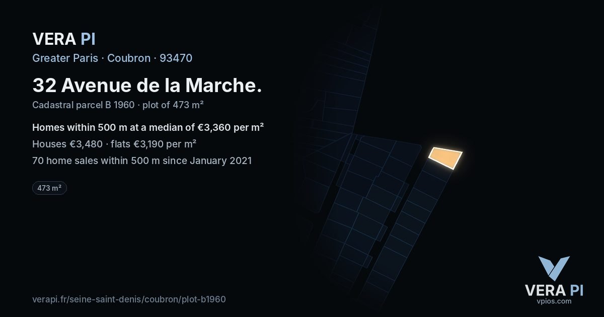 32 Avenue de la Marche, Coubron at night – the plot lit, the parcels around coloured by the prices near them