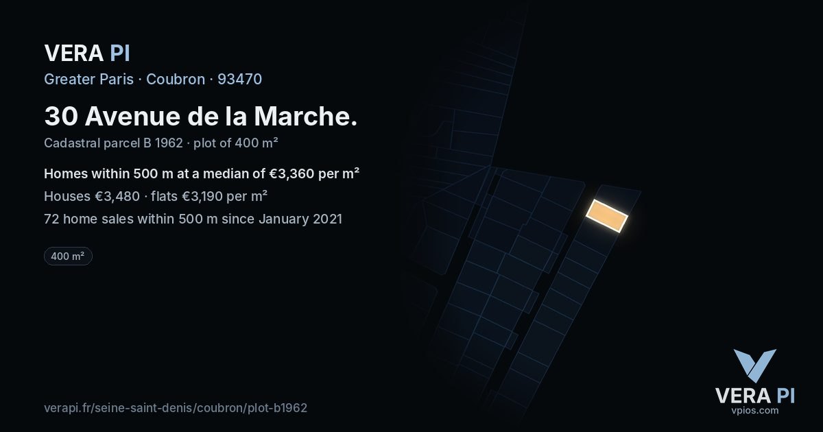 30 Avenue de la Marche, Coubron at night – the plot lit, the parcels around coloured by the prices near them