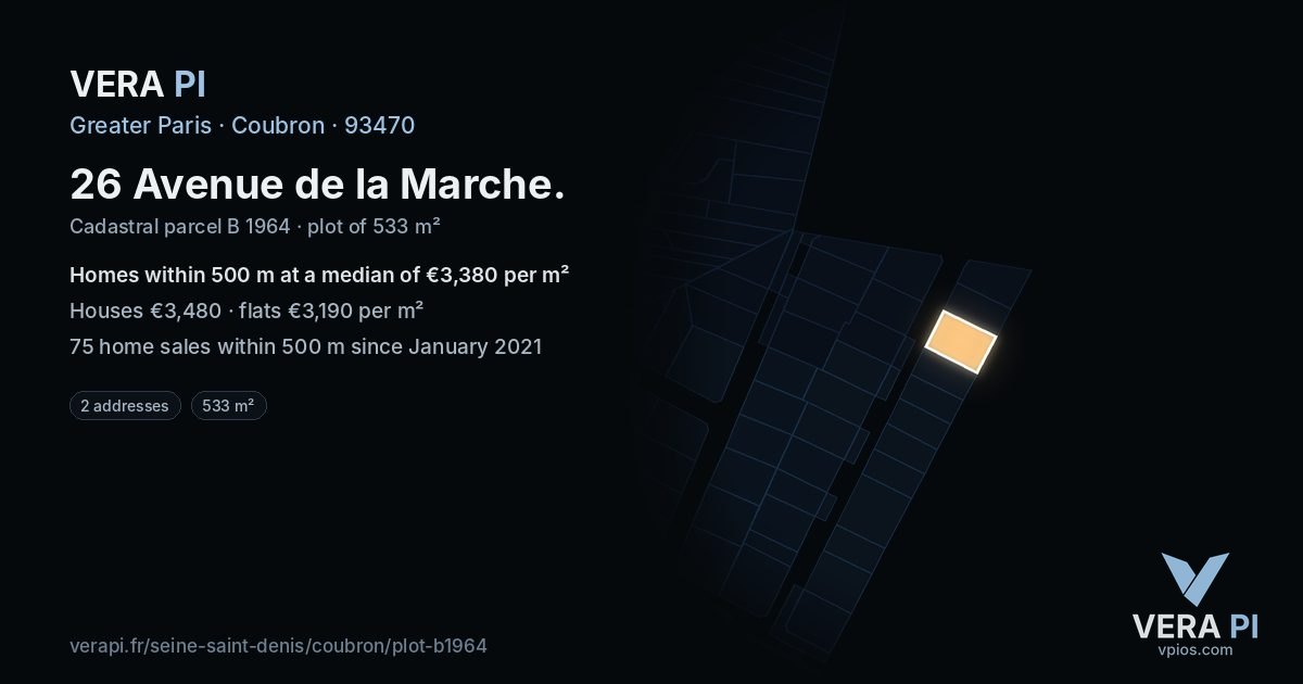 26 Avenue de la Marche, Coubron at night – the plot lit, the parcels around coloured by the prices near them