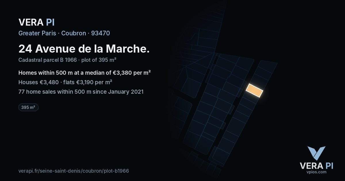 24 Avenue de la Marche, Coubron at night – the plot lit, the parcels around coloured by the prices near them