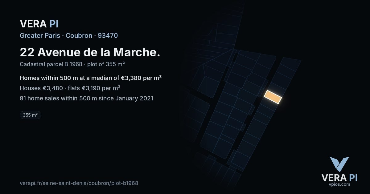 22 Avenue de la Marche, Coubron at night – the plot lit, the parcels around coloured by the prices near them