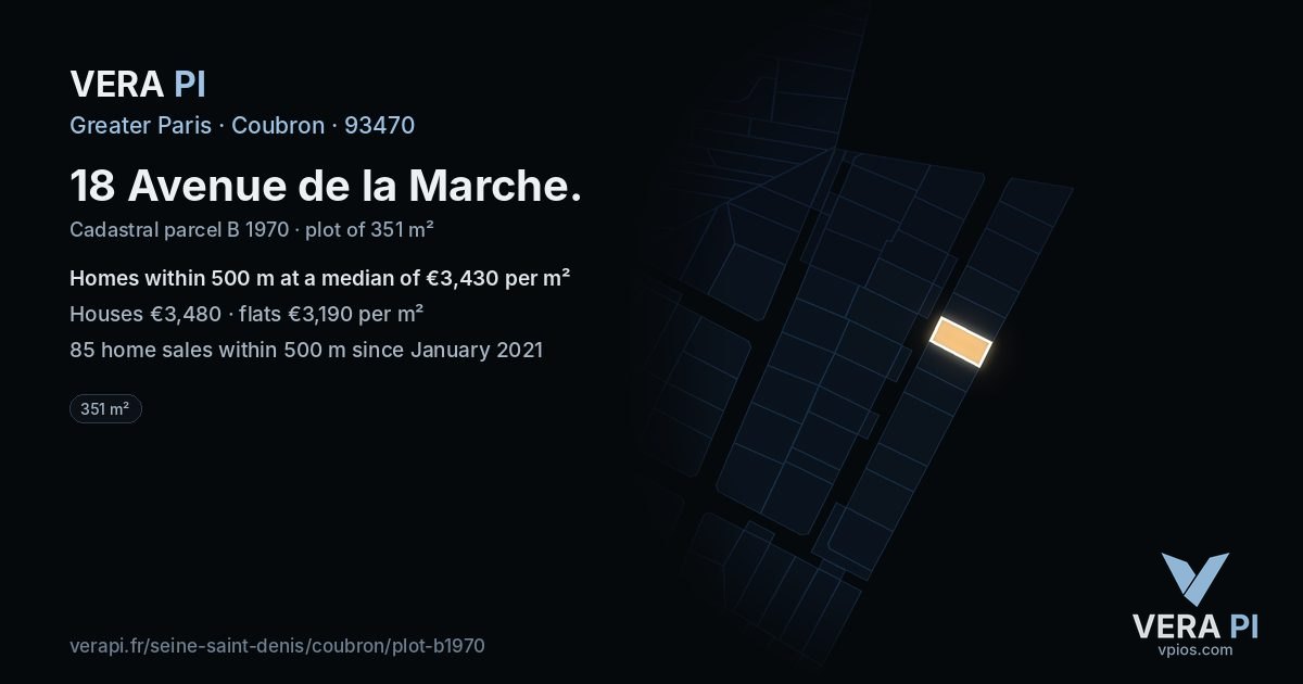 18 Avenue de la Marche, Coubron at night – the plot lit, the parcels around coloured by the prices near them