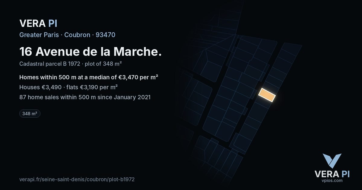 16 Avenue de la Marche, Coubron at night – the plot lit, the parcels around coloured by the prices near them