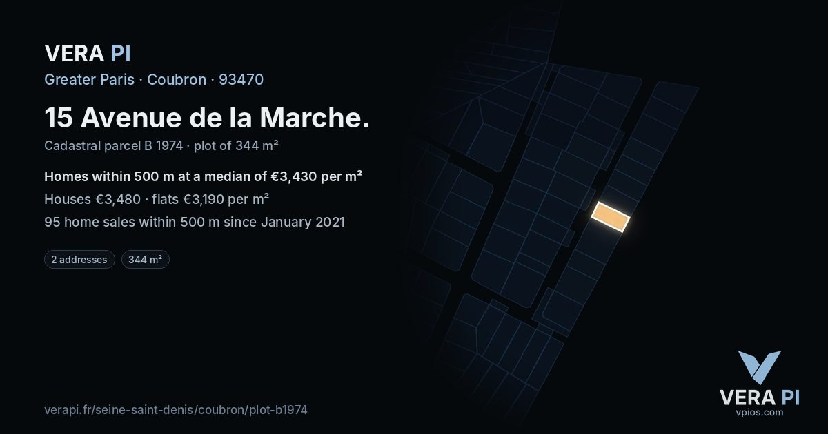 15 Avenue de la Marche, Coubron at night – the plot lit, the parcels around coloured by the prices near them