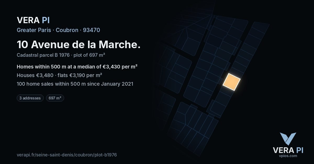 10 Avenue de la Marche, Coubron at night – the plot lit, the parcels around coloured by the prices near them