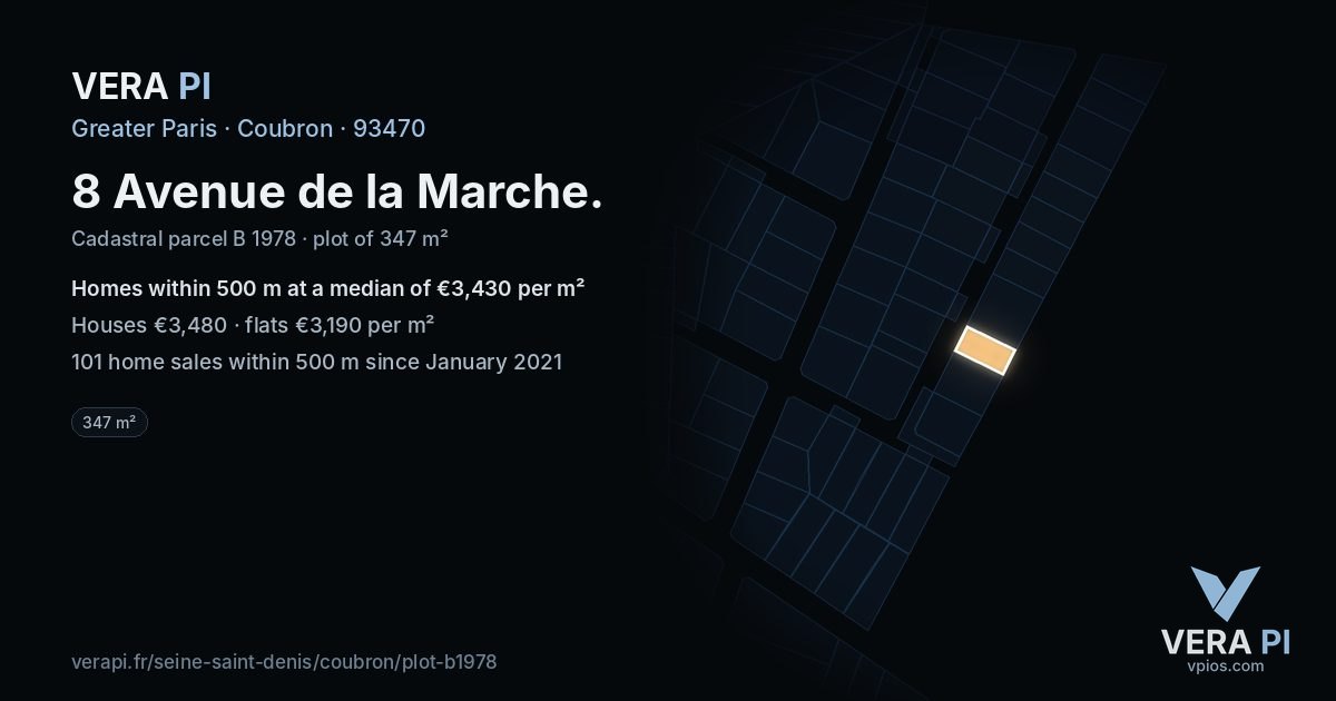 8 Avenue de la Marche, Coubron at night – the plot lit, the parcels around coloured by the prices near them