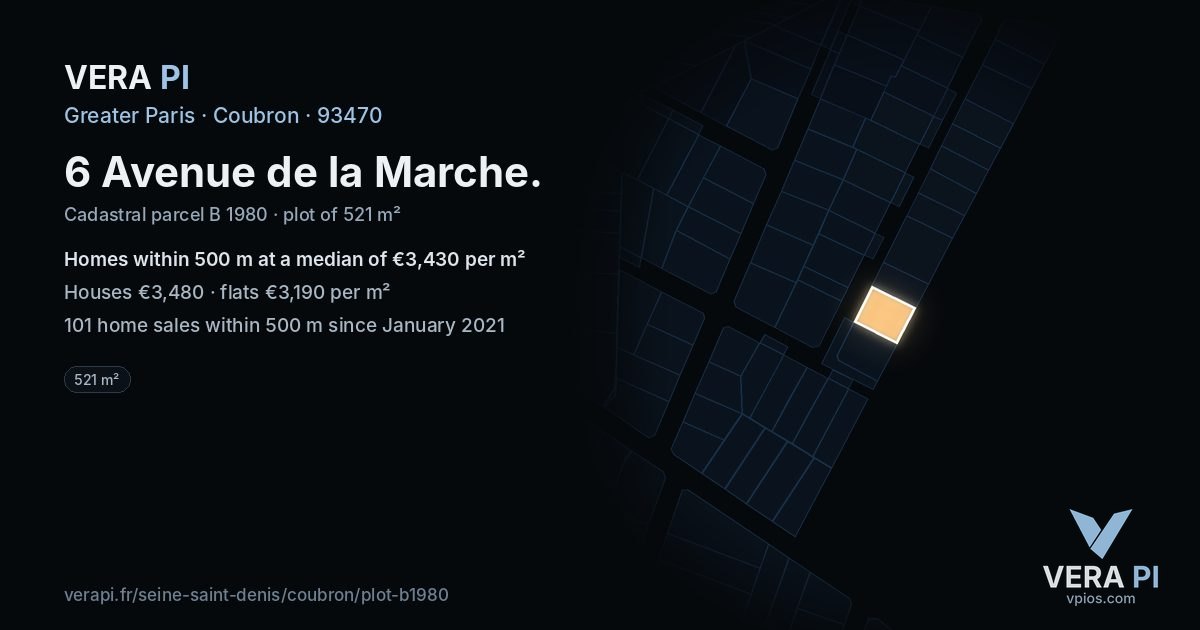 6 Avenue de la Marche, Coubron at night – the plot lit, the parcels around coloured by the prices near them