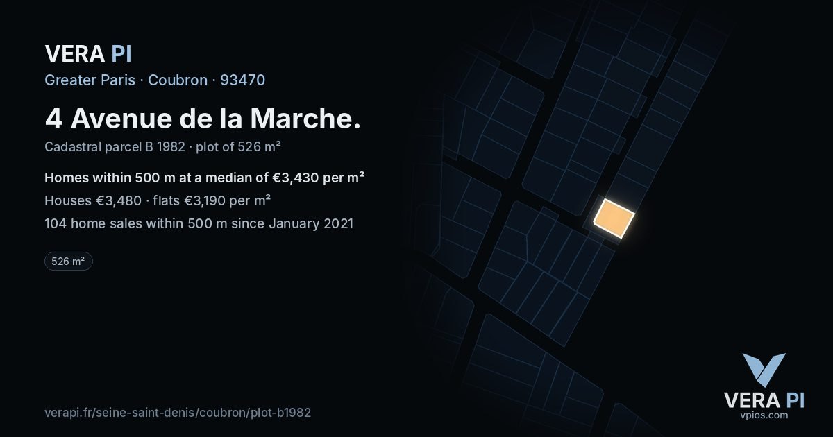 4 Avenue de la Marche, Coubron at night – the plot lit, the parcels around coloured by the prices near them