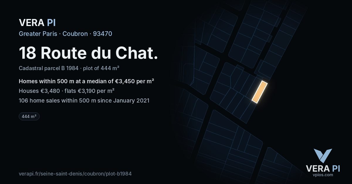 18 Route du Chat, Coubron at night – the plot lit, the parcels around coloured by the prices near them