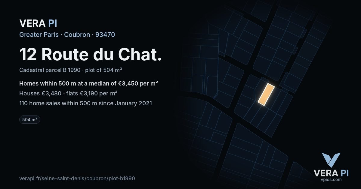 12 Route du Chat, Coubron at night – the plot lit, the parcels around coloured by the prices near them