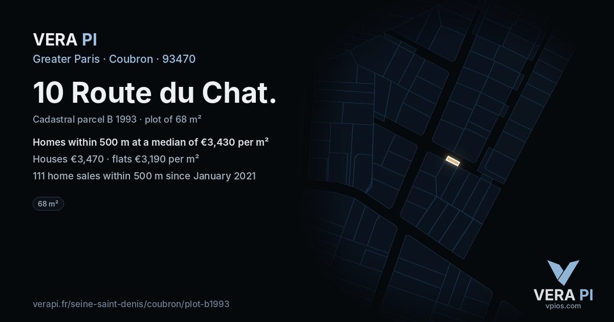 10 Route du Chat, Coubron at night – the plot lit, the parcels around coloured by the prices near them