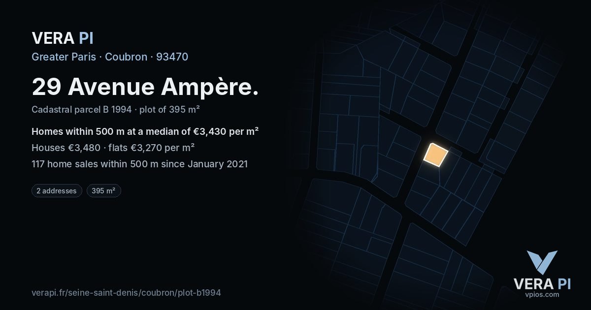 29 Avenue Ampère, Coubron at night – the plot lit, the parcels around coloured by the prices near them