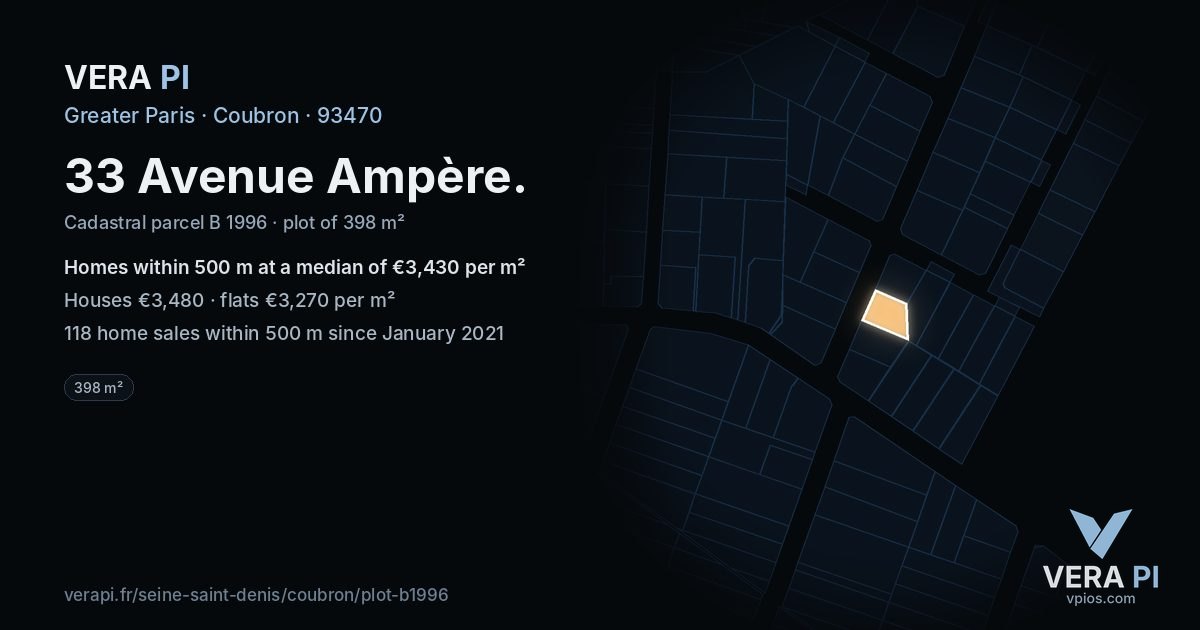 33 Avenue Ampère, Coubron at night – the plot lit, the parcels around coloured by the prices near them