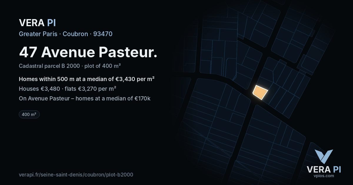 47 Avenue Pasteur, Coubron at night – the plot lit, the parcels around coloured by the prices near them