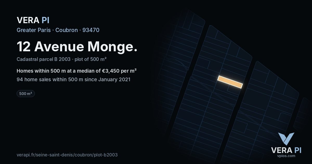 12 Avenue Monge, Coubron at night – the plot lit, the parcels around coloured by the prices near them