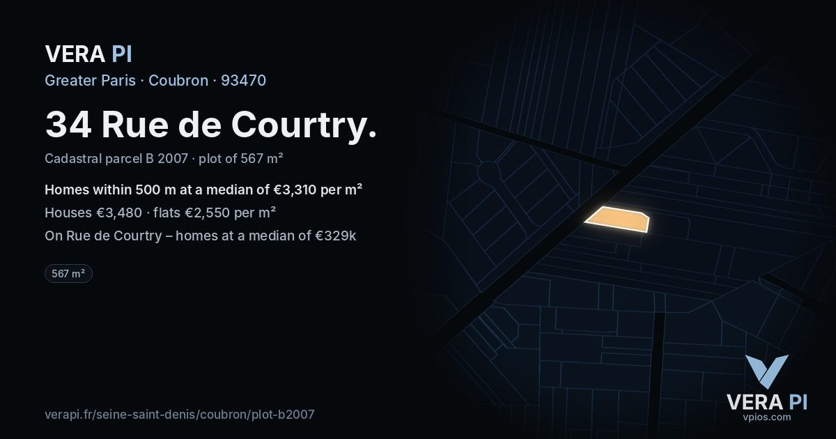 34 Rue de Courtry, Coubron at night – the plot lit, the parcels around coloured by the prices near them