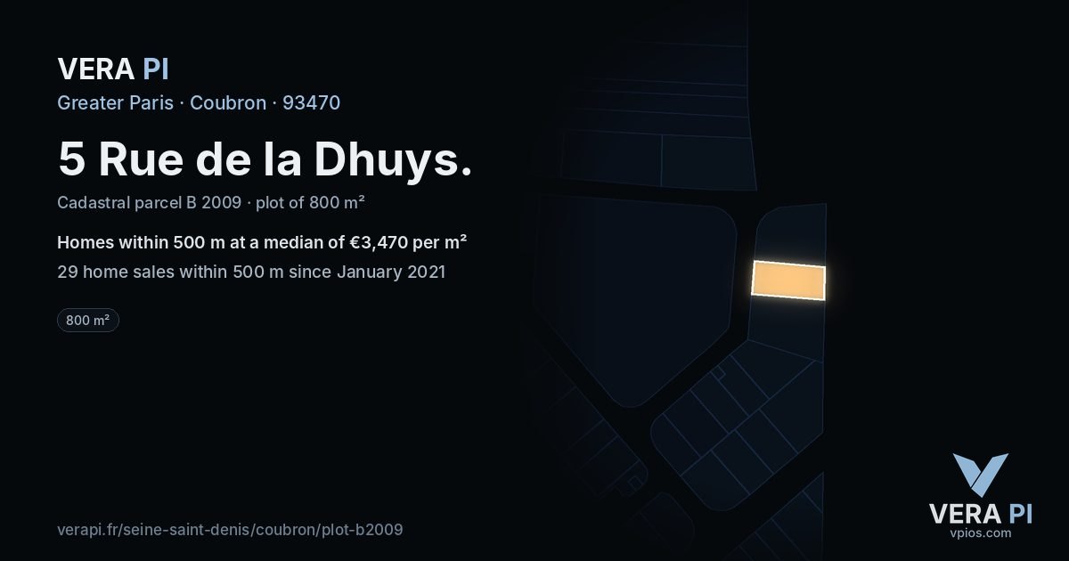 5 Rue de la Dhuys, Coubron at night – the plot lit, the parcels around coloured by the prices near them