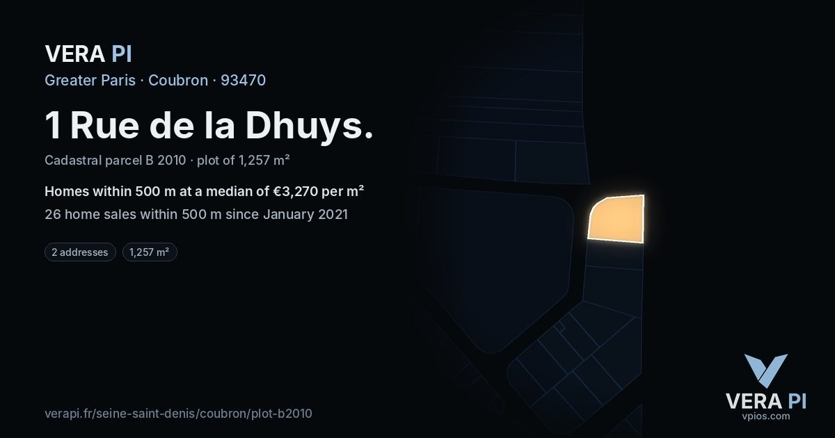 1 Rue de la Dhuys, Coubron at night – the plot lit, the parcels around coloured by the prices near them