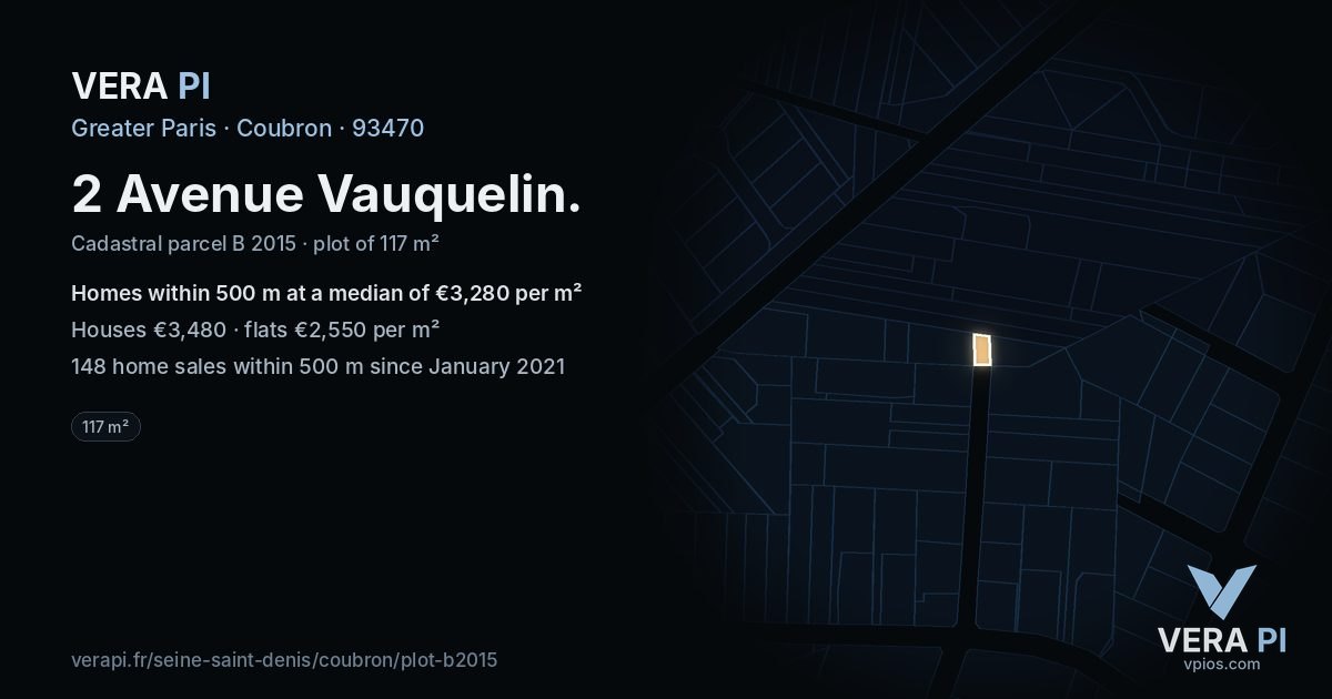 2 Avenue Vauquelin, Coubron at night – the plot lit, the parcels around coloured by the prices near them