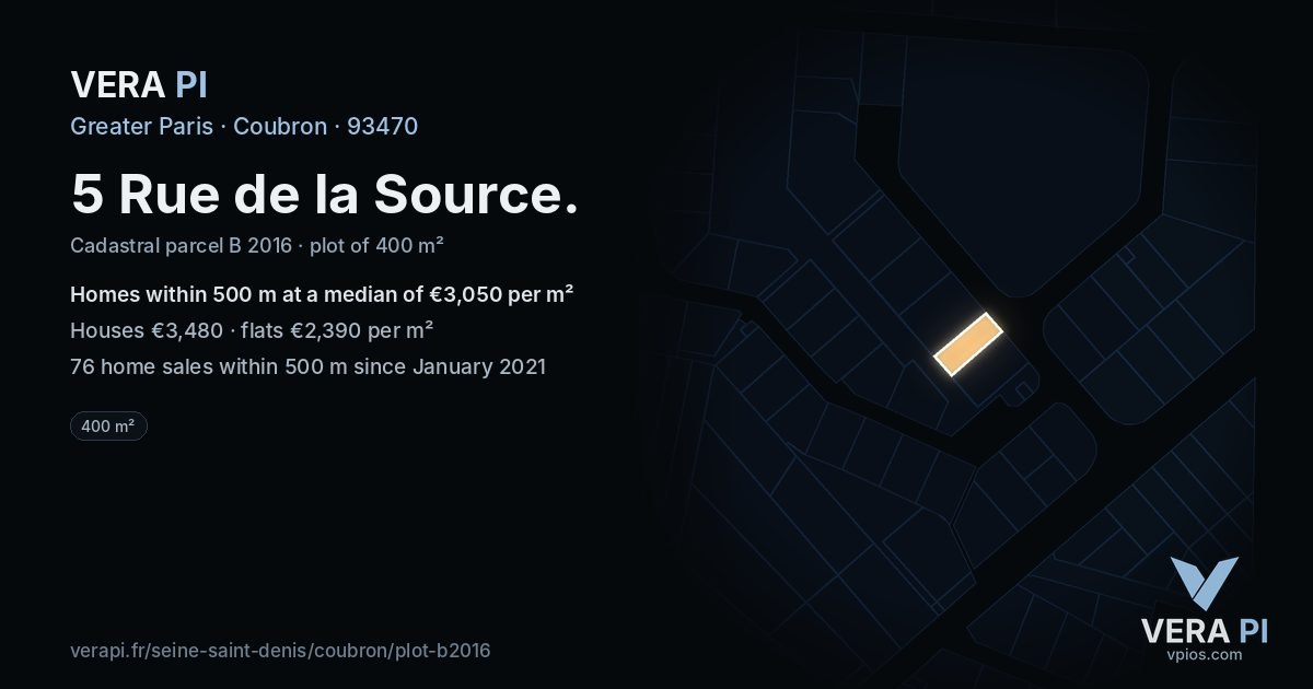 5 Rue de la Source, Coubron at night – the plot lit, the parcels around coloured by the prices near them