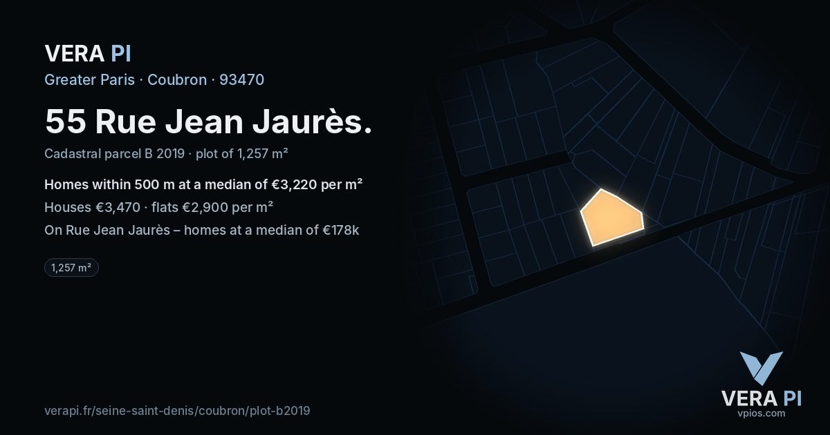 55 Rue Jean Jaurès, Coubron at night – the plot lit, the parcels around coloured by the prices near them