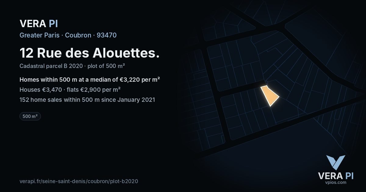12 Rue des Alouettes, Coubron at night – the plot lit, the parcels around coloured by the prices near them