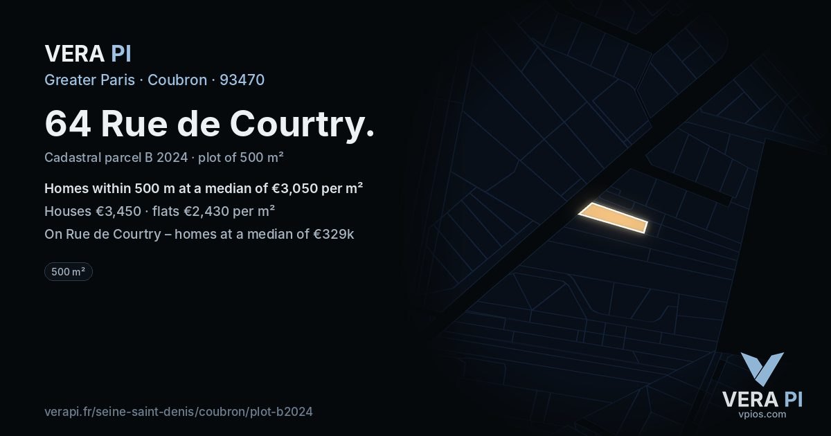 64 Rue de Courtry, Coubron at night – the plot lit, the parcels around coloured by the prices near them