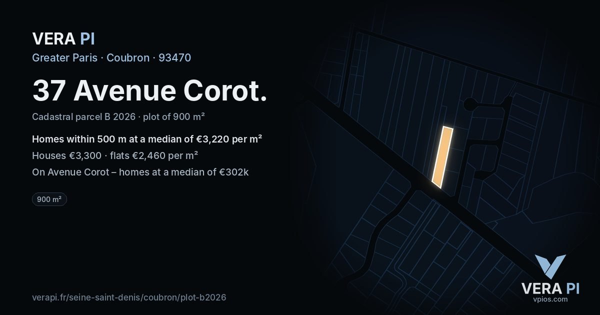 37 Avenue Corot, Coubron at night – the plot lit, the parcels around coloured by the prices near them